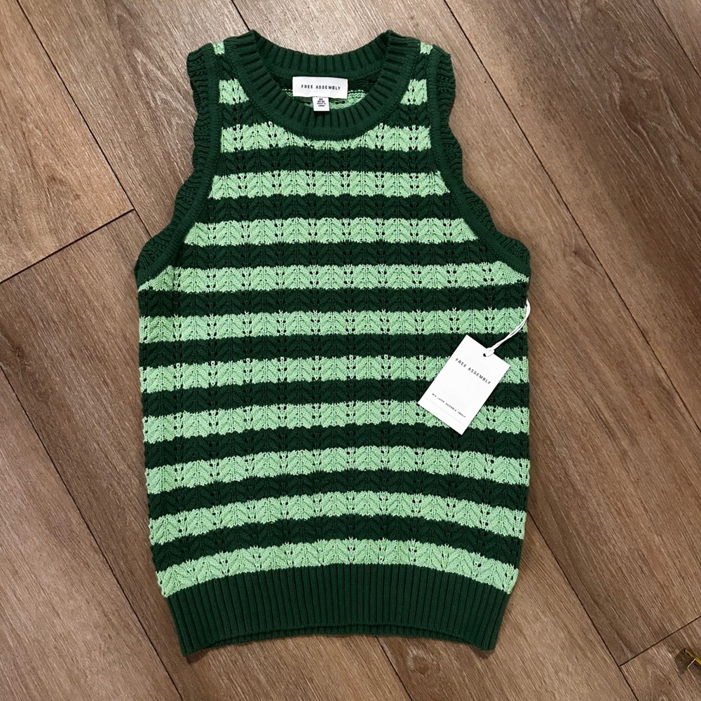 Free Assembly Women Green Basil Stripe Racer Sweater Tank Top XS Pointelle Knit